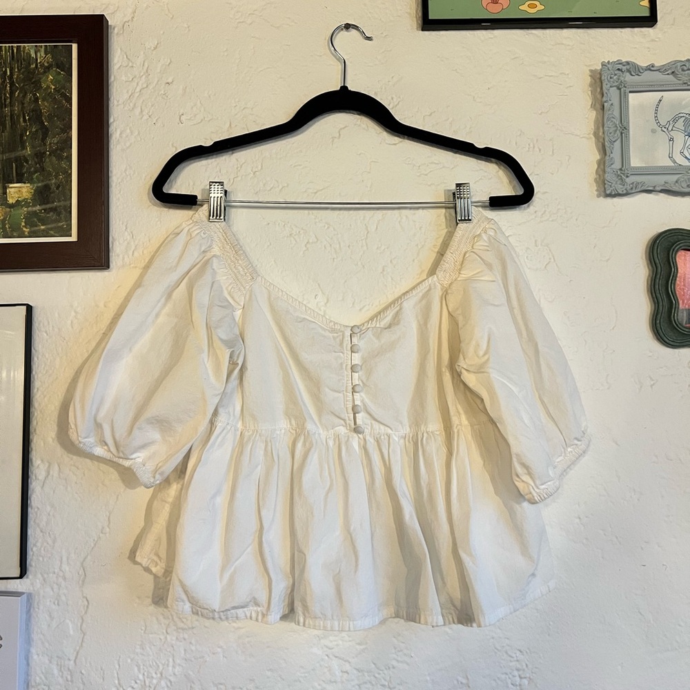 Free People White Poplin Babydoll Puff-Sleeve Top